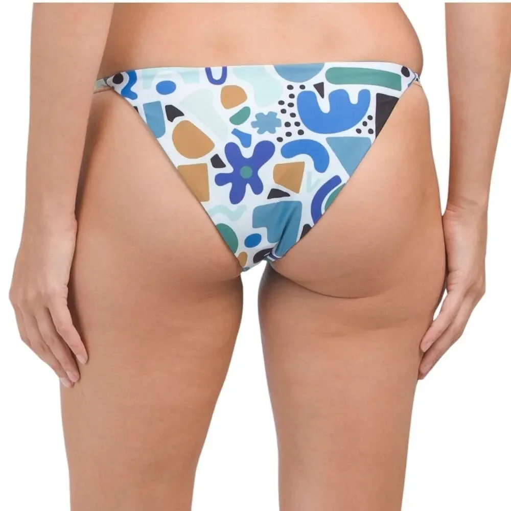 NWT BEACH RIOT Chloe Cheeky String Bikini‎ Bottom Blue Abstract L